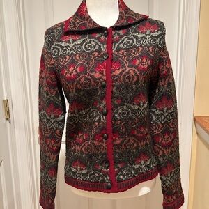 Chessy Lewis Wool Blend Cardigan Sweater in Red & Grey Pattern Size Small